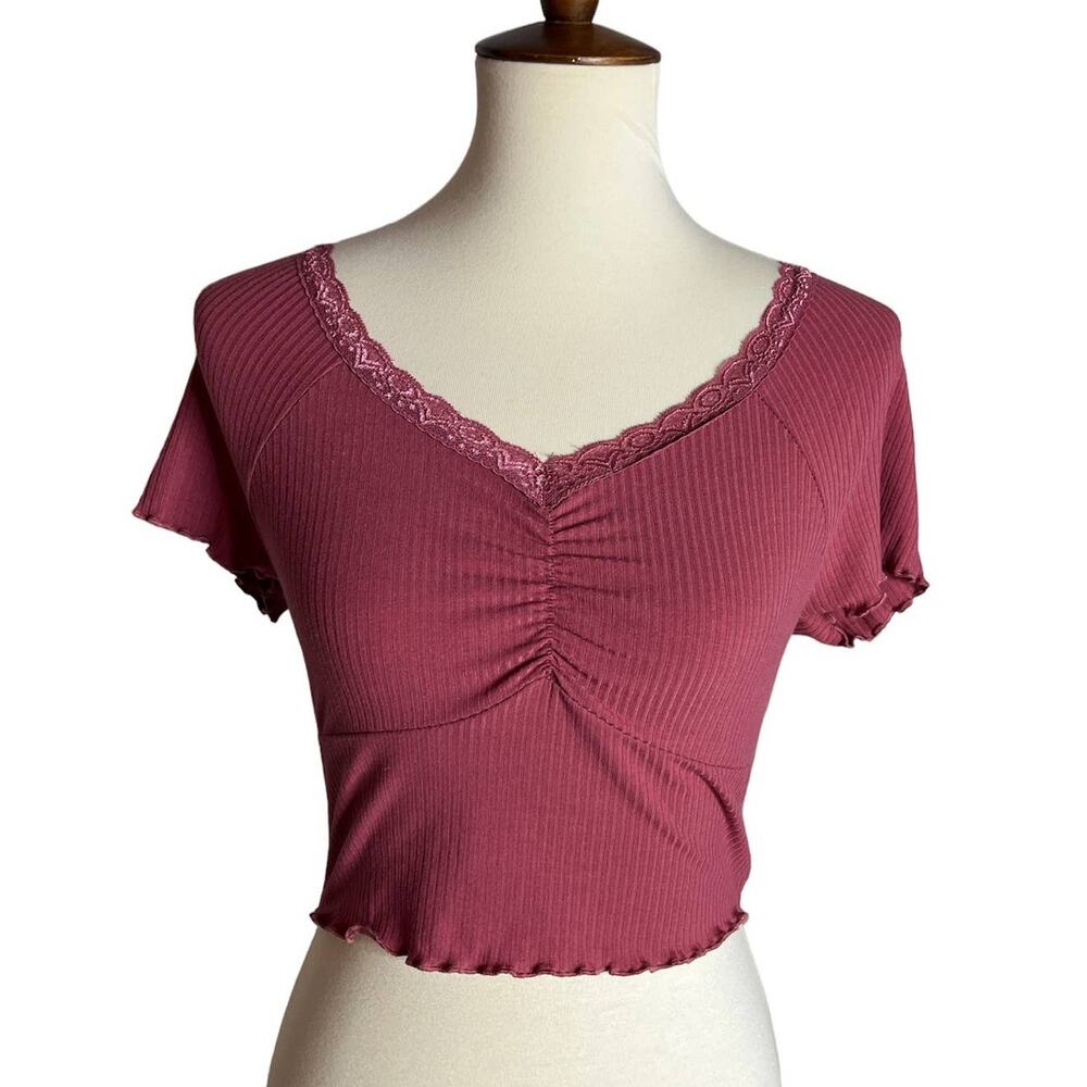 Lace Trim Raglan Sleeve Ruched Rib-knit Crop Tee - Picture 6 of 6